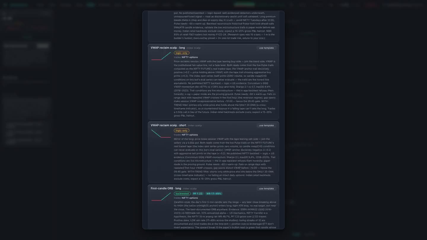 A bot document in the visual editor: universe, timeframe, entry conditions and risk rails.